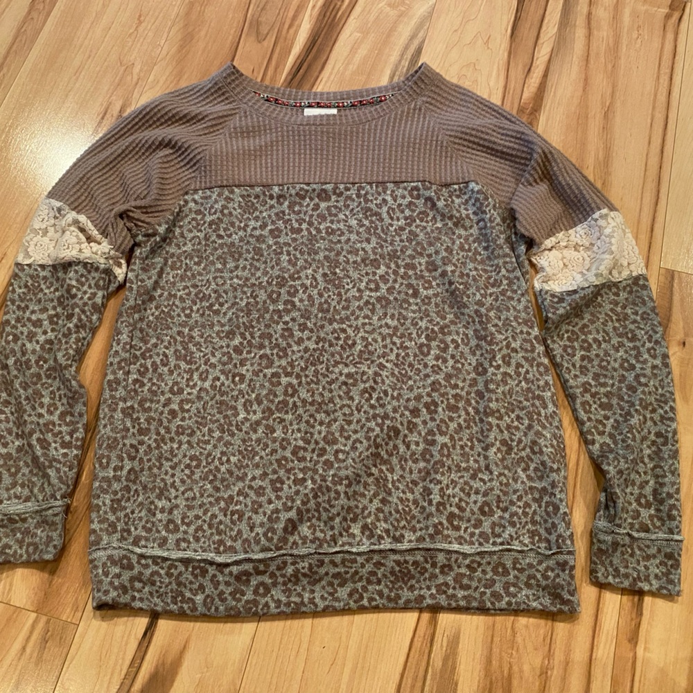 Knox Rose Women’s Brown Leopard Print Lace-Accent Pullover Blouse—XS